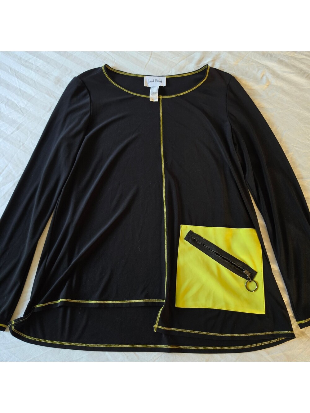 Joseph Ribkoff Women's Long Sleeve Black T-Shirt with Yellow Pocket Detail Size